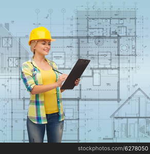 repair, construction and maintenance concept - smiling woman in helmet with clipboard