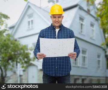 repair, construction, building, people and maintenance concept - smiling male builder or manual worker in helmet with blueprint over living house background