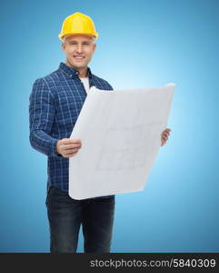 repair, construction, building, people and maintenance concept - smiling male builder or manual worker in helmet with blueprint over blue background