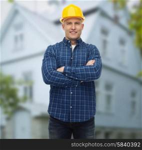 repair, construction, building, people and maintenance concept - smiling male builder or manual worker in helmet over living house background