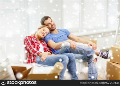 repair, moving in and people concept - smiling couple relaxing on sofa in new home