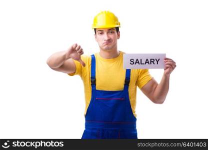 Repairman asking for pay rise isolated on white