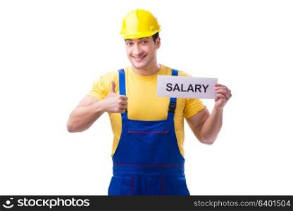 Repairman asking for pay rise isolated on white