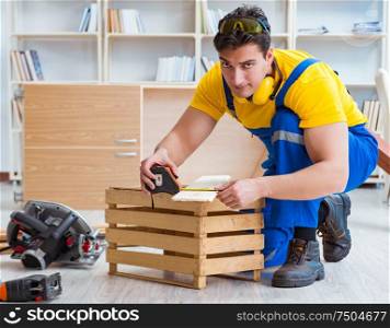 Repairman carpenter working with wooden board plank and measuring tape. Repairman carpenter working with wooden board plank and measurin