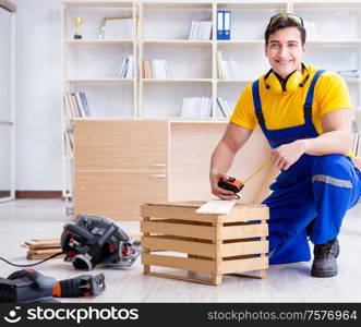 Repairman carpenter working with wooden board plank and measuring tape. Repairman carpenter working with wooden board plank and measurin