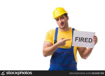 Repairman fired from his job isolated on white. Repairman fired from his job isolated on white
