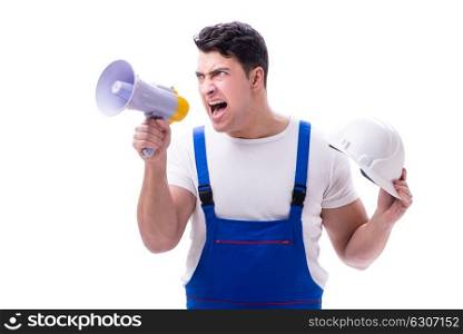 Repairman with megaphone and a digging axe on white background i. Repairman with megaphone and a digging axe on white background isolated