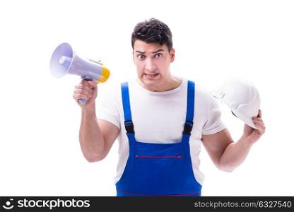 Repairman with megaphone and a digging axe on white background i. Repairman with megaphone and a digging axe on white background isolated