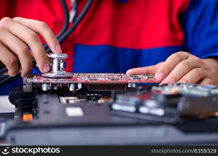 Repairman working in technical support fixing computer laptop tr. Repairman working in technical support fixing computer laptop troubleshooting