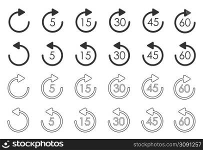 Repeat icon for application and web or Media player control. Repeat 5, 15, 30, 45 seconds simple vector icon. Replay icons.. Repeat icon for application and web or Media player control. Repeat 5, 15, 30, 45 seconds simple vector icon.