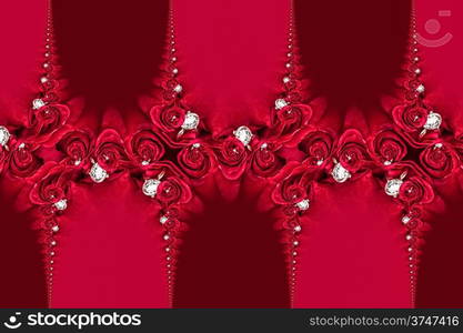 Repeating pattern made out of diamond and roses with a red background