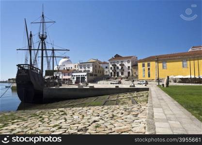 Replica of a caravel and the shipyard in Vila do Conde, Portugal