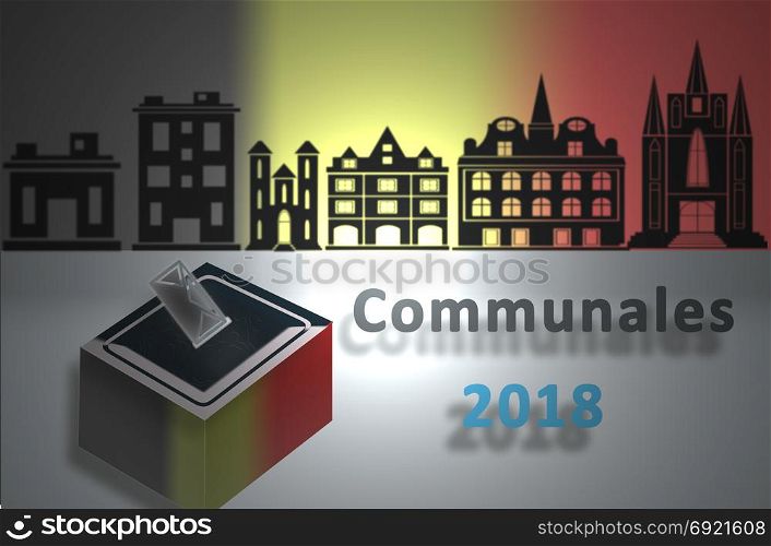 Representation of municipal elections 2018 in Belgium . Representation of municipal elections 2018 in Belgium with an urn and a village in the background