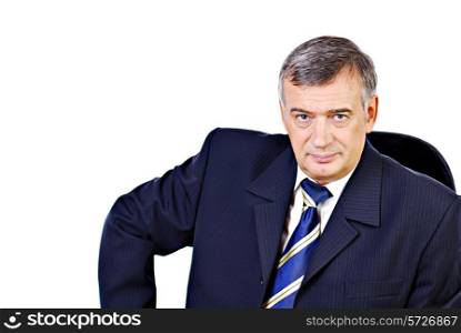 Representative serious senior businessman sitting on chair. Isolated on white