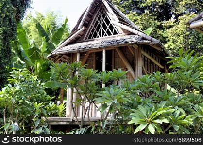 reproduction of a Laos house in the Anduze bamboo plantation in the French department of Gard