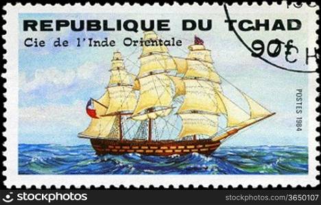 REPUBLIC OF CHAD - CIRCA 1984: A stamp printed in Republic of Chad shows the ship &acute;Cie de l&acute;Inde Orientale&acute;, series is devoted to sailing vessels, circa 1984