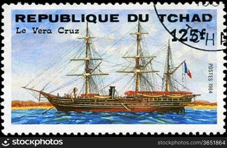 REPUBLIC OF CHAD - CIRCA 1984: A stamp printed in Republic of Chad shows the ship &acute;Le Vera Cruz&acute;, series is devoted to sailing vessels, circa 1984