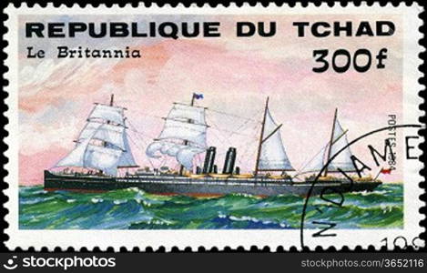 REPUBLIC OF CHAD - CIRCA 1984: A stamp printed in Republic of Chad shows the ship &acute;Le Britannia&acute;, series is devoted to sailing vessels, circa 1984