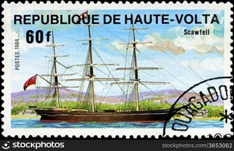 REPUBLIC OF UPPER VOLTA- CIRCA 1984: A stamp printed in Republic of Upper Volta shows the ship &acute;Scawfell&acute;, series is devoted to sailing vessels, circa 1984