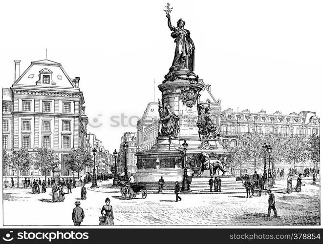 Republic Square, vintage engraved illustration. Paris - Auguste VITU ? 1890.