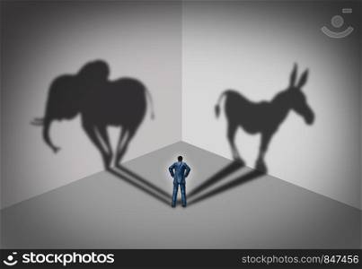 Republican and democrat voter concept as a symbol of an American election political identity campaign choice as two United States political parties shaped as an elephant and donkey in a 3D illustration style.