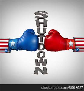 Republican Democrat shutdown political fight as a USA government shut down and United States closed or American federal debate due to spending bill between the left and the right with 3D illustration elements.