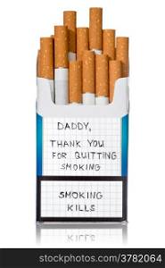 Request for quit smoking on the cigarettes pack. Isolated on white background