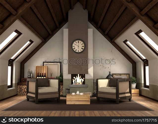 Rertro attic with fireplace with vintage furniture wooden ceiling - 3d rendering. Rertro attic with fireplace with vintage furniture