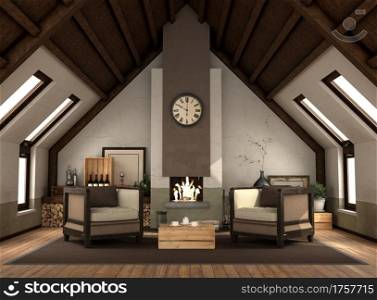 Rertro attic with fireplace with vintage furniture wooden ceiling - 3d rendering. Rertro attic with fireplace with vintage furniture