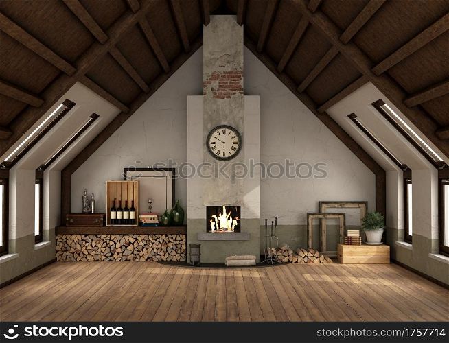 Rertro attic with fireplace without furniture with wooden ceiling - 3d rendering. Rertro attic with fireplace without furniture