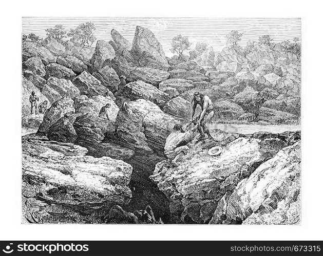 Rescued by a Native From the Edge of a Precipice in Oiapoque, Brazil, drawing by Riou from a sketch by Dr. Crevaux, vintage engraved illustration. Le Tour du Monde, Travel Journal, 1880