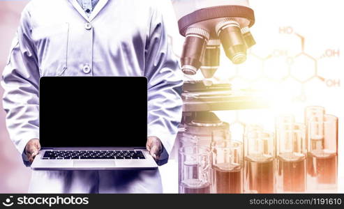 Research and development concept. Double exposure image of scientific and medical lab instrument, microscope, test tube and glass flask for microbiology and chemistry in laboratory for medicine study.