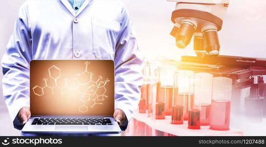 Research and development concept. Double exposure image of scientific and medical lab instrument, microscope, test tube and glass flask for microbiology and chemistry in laboratory for medicine study.