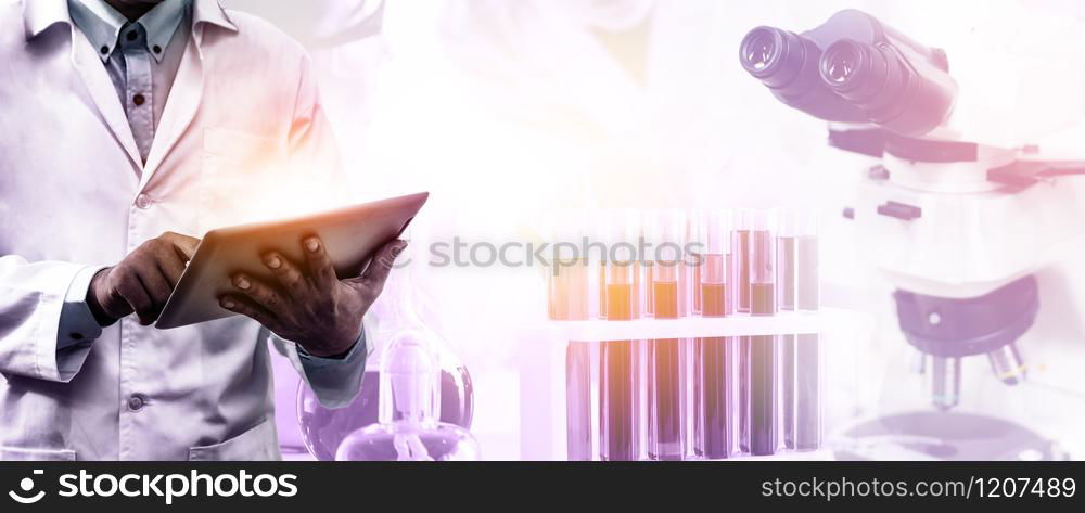 Research and development concept. Double exposure image of scientific and medical lab instrument, microscope, test tube and glass flask for microbiology and chemistry in laboratory for medicine study.