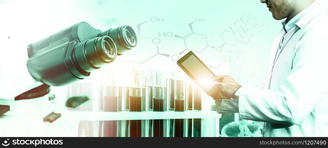 Research and development concept. Double exposure image of scientific and medical lab instrument, microscope, test tube and glass flask for microbiology and chemistry in laboratory for medicine study.