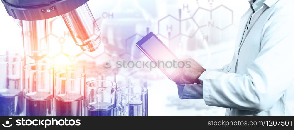 Research and development concept. Double exposure image of scientific and medical lab instrument, microscope, test tube and glass flask for microbiology and chemistry in laboratory for medicine study.