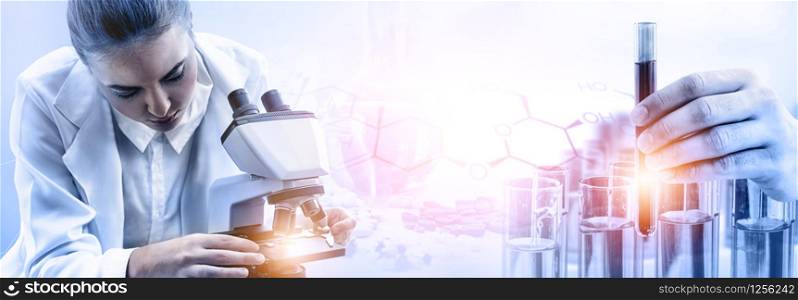 Research and development concept. Double exposure image of scientific and medical lab instrument, microscope, test tube and glass flask for microbiology and chemistry in laboratory for medicine study.
