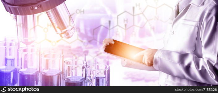 Research and development concept. Double exposure image of scientific and medical lab instrument, microscope, test tube and glass flask for microbiology and chemistry in laboratory for medicine study.