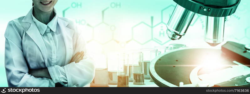Research and development concept. Double exposure image of scientific and medical lab instrument, microscope, test tube and glass flask for microbiology and chemistry in laboratory for medicine study.