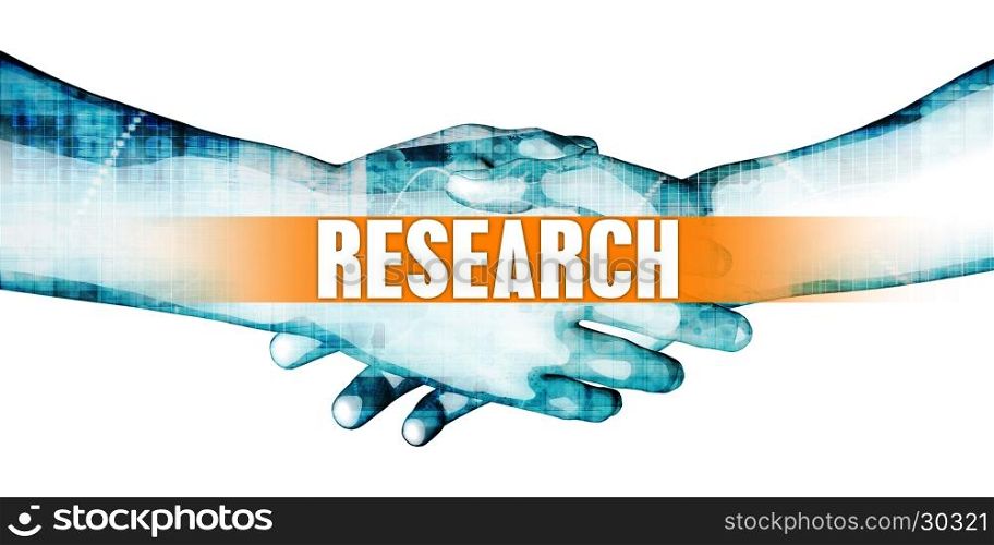 Research Concept with Businessmen Handshake on White Background. Research