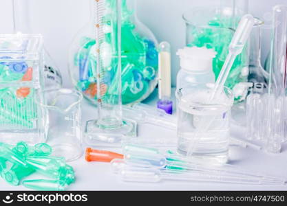 Research lab assorted glassware equipment detail