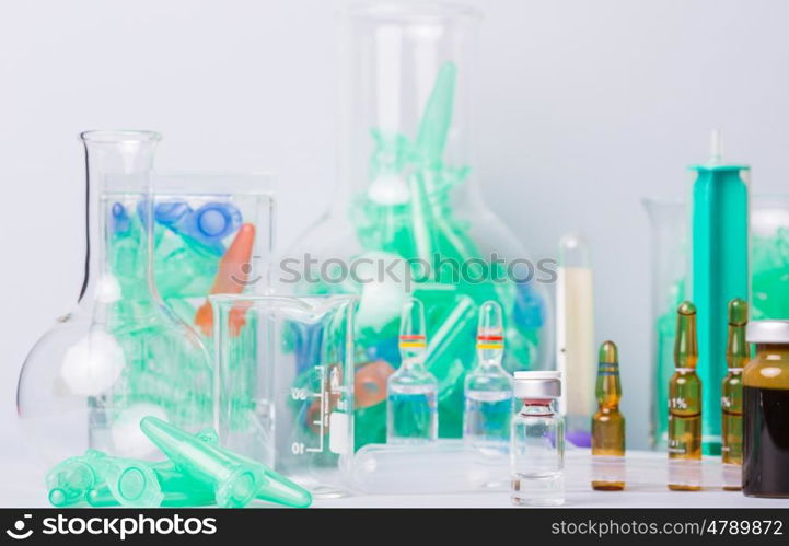 Research lab assorted glassware equipment detail