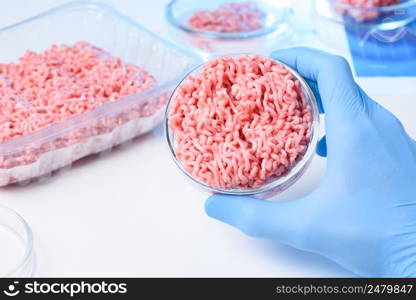 Researcher hand in protective glove show ground meat in petri dish