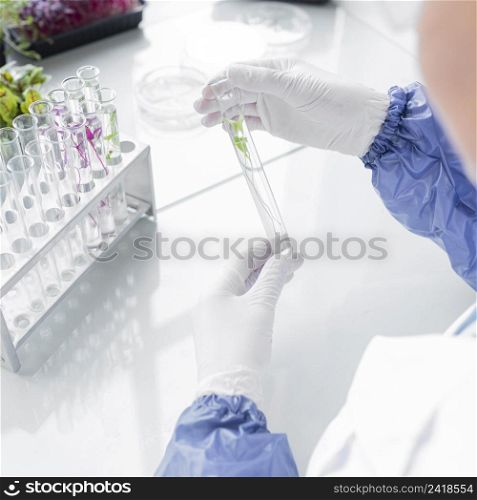 researcher with test tubes biotechnology laboratory