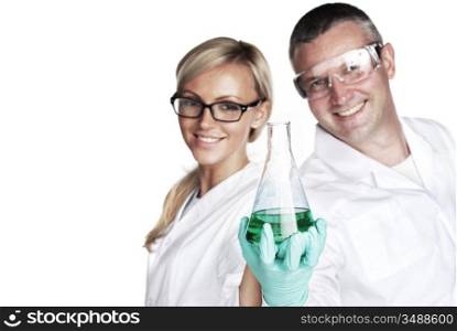 researchers holding a secret green chemical substance