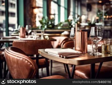 Reserved fine dining restaurant table with glass of rose wine.AI generative.
