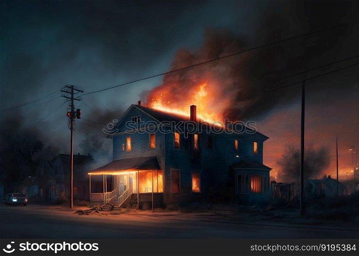 Residental building on fire accident in nighttime. Neural network AI generated art. Residental building on fire accident in nighttime. Neural network generated art