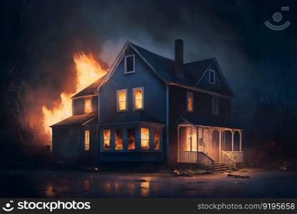 Residental building on fire accident in nighttime. Neural network AI generated art. Residental building on fire accident in nighttime. Neural network generated art