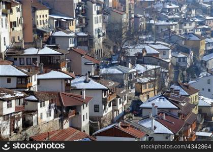 Residential area of the city of Veliko Tarnovo in Bulgaria in the winter
