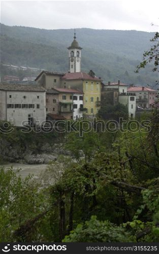 Residential buildings and a clock tower at a town in Slovenia